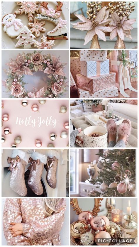 10 rose gold tones photos in a grid to set a holiday vibe Christmas Rose Gold Decorations, Rose Gold Christmas Aesthetic, Christmas Decor Ideas Pink And Gold, Gold Christmas Aesthetic Wallpaper, Gold Christmas Aesthetic, Blush Christmas Decor, Rose Gold Christmas Table, Diy Christmas Ornaments Rustic, Pink And Gold Christmas