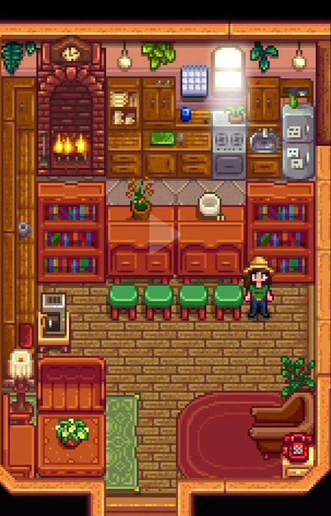 Stardew Kitchen Ideas, Stardew Valley Southern Room Design, Room Ideas Stardew Valley, Stardew Valley Kitchen Design No Mods, Stardew Decoration Ideas, Stardew Valley House Interior Simple, Stardew Valley Room Decor, Stardew Valley Kitchen Ideas, Stardew Farm Decoration