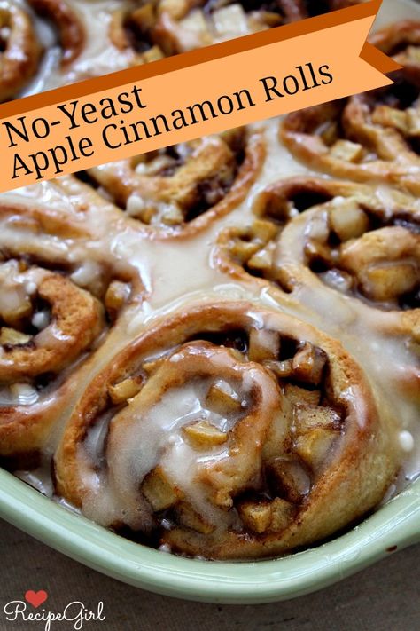 No Yeast Apple Cinnamon Rolls #recipe - RecipeGirl.com Cinnamon Rolls No Yeast, Rolls No Yeast, Maple Icing, Apple Cinnamon Rolls, Cinnamon Rolls Recipe, Apple Cinnamon, Breakfast Treats, Rolls Recipe, Cinnamon Apples