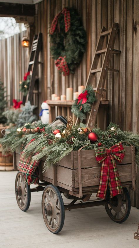 Brighten up your home this holiday season with rustic Christmas decor ideas. Explore charming ways to decorate naturally and beautifully. Decorating A Wagon For Christmas, Old Wagon Christmas Decor, Christmas Decorations Using Old Sleds, Cabin Porch Christmas Decor, Decorating With Snow Shoes, Rustic Lodge Christmas Decor, Country Christmas Decor Ideas Outdoor, Vintage Sled Decorating Ideas, Christmas Decor Ideas Country