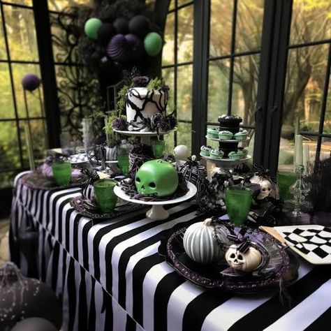 Beetlejuice Tablescape, Beetlejuice Table Decor, Beetle Juice Party Ideas, Beetlejuice Theme Party, Beetlejuice Party Food, Halloween Theme Party Ideas, Beetle Juice Party, Beetlejuice Party Ideas, Beetlejuice Halloween Decorations