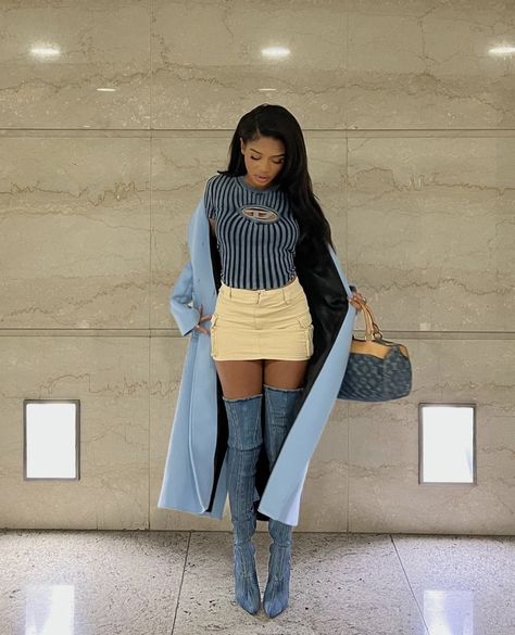 muse on Twitter: "… " Denim Boots Outfit, Denim Boots, Miniskirt Outfits, Looks Street Style, Outfits Spring, Streetwear Fashion Women, Fall Fashion Outfits, Lookbook Outfits