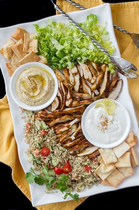 Chicken Shawarma salad platter with tabbouleh, hummus, garlic sauce Arabic Meals, Shawarma Hummus, Shawarma Platter, Shawarma Marinade, Garlic White Sauce, Chicken Shawarma Salad, Shawarma Salad, Salad Hummus, Beautiful Salads