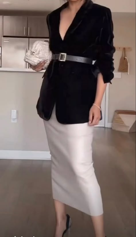 Black Belted Blazer Outfit, Silk Dress And Blazer Outfit, Maxi Skirt And Blazer Outfits, Satin Skirt Blazer Outfit, Black Blazer And Skirt Outfit, Maxi Skirt With Blazer, Blazer And Satin Skirt, Suit Set Women Outfit, Black Professional Outfits Women