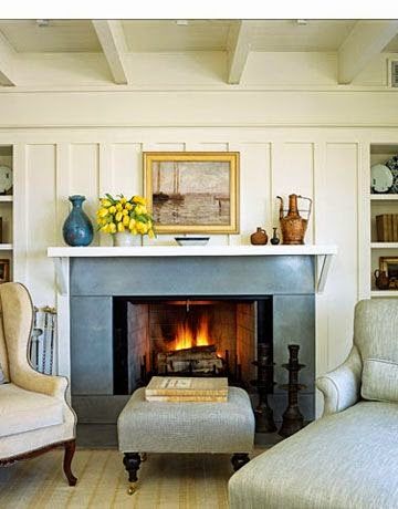 5th and state: Fireplace mantle post Christmas Cottage Family Room, Blue Family Rooms, Cottage Living Rooms, Home Fireplace, Family Room Design, Fireplace Ideas, Cottage Living, Fireplace Mantle, Fireplace Design