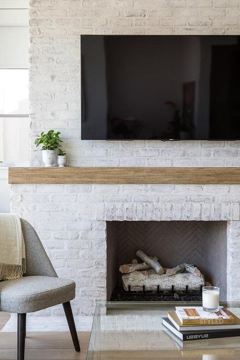 White Painted Brick Fireplace with Flat Panel TV - Transitional - Living Room White Painted Brick Fireplace, White Painted Brick, White Wash Brick Fireplace, Wood Mantle Fireplace, Painted Fireplace, Red Brick Fireplaces, White Brick Fireplace, Painted Brick Fireplace, Painted Brick Fireplaces