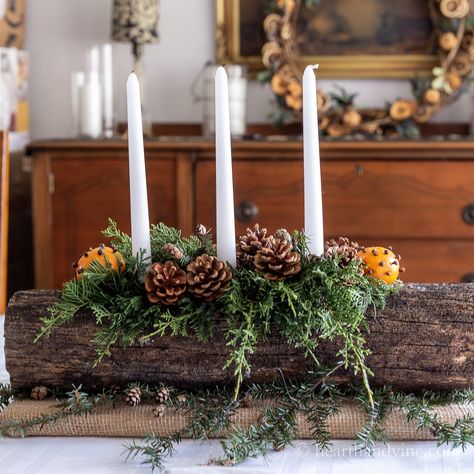 Yule Logs Decoration, Log Candle Centerpiece, Log Centerpieces, Christmas Yule Log, Yule Christmas, Yule Celebration, Christmas Log, Log Candles, Christmas Crafts To Sell