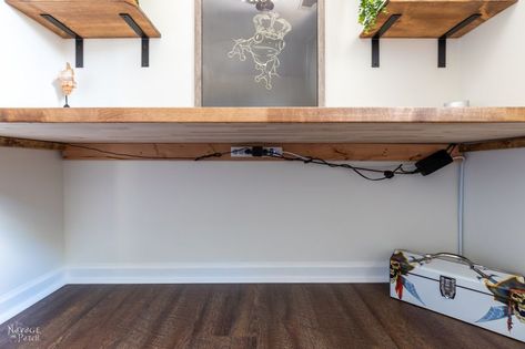 Long Floating Desk With Storage, Making A Desk Diy, Floating Standing Desk, Floating Writing Desk, Live Edge Floating Desk, Diy Floating Desk Wall Mount, Desk Attached To Wall, Full Wall Desk, Desk With Brackets