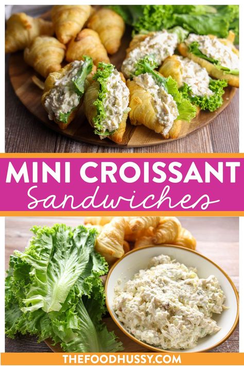 Mini Croissant Sandwiches are a quick and easy sandwich when you’re making kids lunches, brunch parties or even game day snacks! This recipe uses a delicious chicken salad to make a dozen mini sandwiches! Chicken Salad Croissant Party, Chicken Salad Croissant Sandwich Mini, Chicken Salad Croissant Sandwich Party, Mini Croissant Sandwiches Appetizers, Mini Chicken Salad Croissant, Mini Chicken Salad Sandwiches, Mini Croissant Sandwiches, Mini Sandwiches For Parties, Chicken Salad Croissant Sandwich