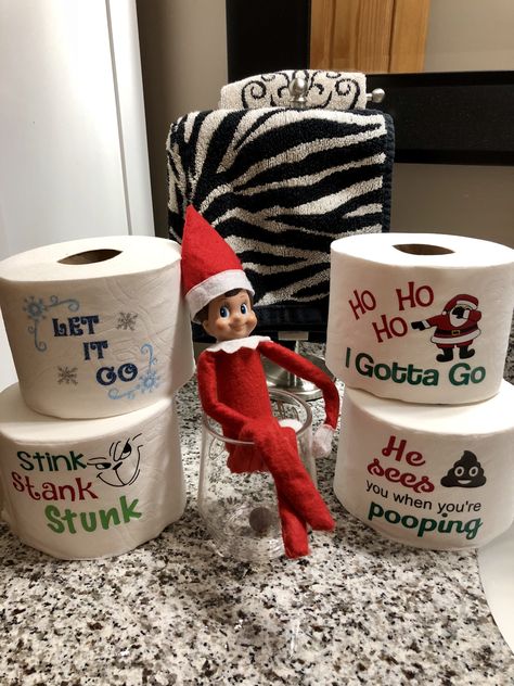 Elf on the Shelf toilet paper humor Elf On The Shelf Toilet, Toilet Paper Trees, Christmas Jokes For Kids, Shelf Toilet, Toilet Paper Humor, Elf Ideas Easy, Easy Elf On The Shelf, Easy Elf, Christmas Smell