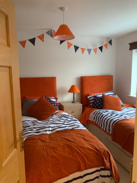 It’s a working progress and i would love some extra thoughts and ideas especially for pictures and personal touches for the new twin boys room, aged 7 years, now that the girls have moved to the loft rooms. Navy And Orange Bedding, Navy And Rust Bedroom, Rust Bedroom, Twin Boys Room, Orange Bedroom, Orange Bedding, Touch Of Gray, Child Art, Girl And Boy