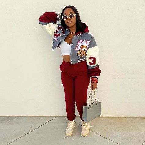 Sizes M & L Ships The Next Business Day Jacket And Bottoms Color Is Burgundy Letterman Jacket Outfit, Fashion Inspo Winter, Creative Halloween Costume Ideas, Halloween Costume Inspiration, Fashion Inspo Casual, Trending Diy, Varsity Jacket Outfit, Sporty Streetwear, Diy Outfits