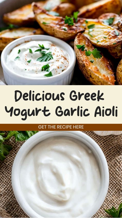 Whip up a delicious and creamy garlic aioli using tangy Greek yogurt as the star ingredient. This versatile dip is perfect for pairing with crispy fries, fresh veggies, or spreading on sandwiches for an added burst of flavor. Easy to make and packed with protein, this homemade garlic aioli will elevate your meals and leave your taste buds craving more. Ditch store-bought condiments and impress your family and friends with this simple yet impressive recipe that will take your dishes to the next l Healthy Aioli Recipe, Homemade Garlic Aioli, Best Greek Yogurt, Garlic Aioli Recipe, Greek Yogurt Sauce, Greek Yogurt Dips, Garlic Sauce Recipe, Crispy Fries, Aioli Recipe