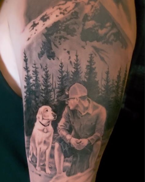 Experience the bond between man and canine in @muscatink's realistic tattoo, portraying a dog and its owner enjoying time together amidst mountains and forests. A touching tribute to companionship, beautifully etched in ink. 🐾🏞️ Man And Dog Tattoo Ideas, Men’s Dog Tattoos, Men Dog Tattoo, Man And Dog Tattoo, Dog Memorial Tattoos Men, Dog And Owner Tattoo, Hunting Dog Tattoo, Dog Tattoo For Men, Pet Tattoos Dog