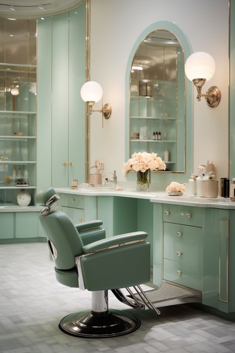 Hairdressing Salon Interior Design, Salon Shampoo Area Ideas, Interior Design Beauty Salon, Old Hollywood Bathroom, Beauty Salon Ideas, Salon Color Schemes, Salon Shampoo Area, Pastel Luxury, Salon Waiting Area