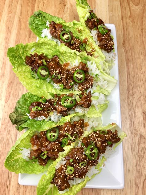 Korean-Style Steak Lettuce Wraps are fun, tasty, quick, easy and a nice change from the usual lettuce wrap. The Korean inspiration fuses mild heat from the Korean red pepper paste with subtle sweetness from the pear. For a twist on the typical lettuce wrap, give this Korean-Style version a whirl. Steak Lettuce Wraps Asian, Lettuce Wraps Steak, Lettuce Wrap Cheeseburger, Korean Beef Lettuce Wraps, Steak Lettuce Wraps, Korean Bbq Lettuce Wraps, Lettuce Wraps Recipe, Lettuce Wrap, Korean Lettuce Wraps