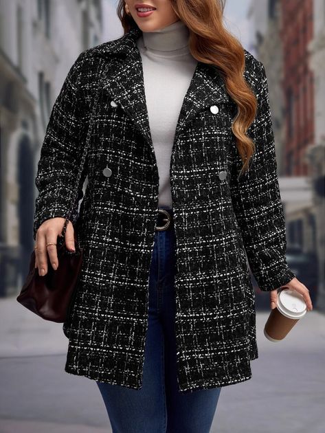 EMERY ROSE Plus Plaid Double Breasted Overcoat | SHEIN USA Double Breasted Overcoat, Round Neck Sweaters, Summer Tops, Travel Outfit, Fleece Jacket, Double Breasted, Women's Blazer, Long Sleeve Tops, Plaid