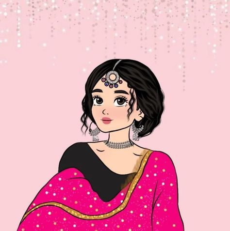 Cartoon Profile Drawing, Girly Cartoons Profile Pictures, Girly Drawings Cute Beautiful, Traditional Indian Girl Cartoon, Indian Women Drawing, Desi Drawing, Pfp Digital Art, Desi Cartoon, Pfp Images