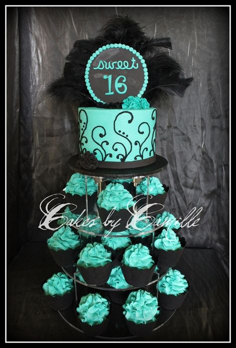 Black and turquoise theme with chic black feathers for that... Sweet 16 Cupcakes, Sweet Sixteen Cakes, Teen Cakes, Sweet 16 Themes, Birthday Cakes For Teens, Sweet 16 Birthday Cake, Sweet 16 Cakes, 16 Cake, 16 Birthday Cake