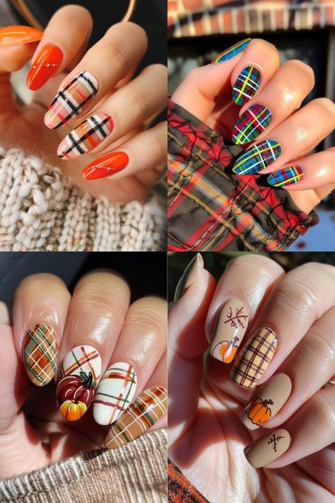 Plaid Fall Nail Designs, French Tip Nails Matte, Nails Fall Ombre, Fall Plaid Nail Designs, Plaid Nails Fall, Plaid Fall Nails, Matte Fall Nails, Fall Brown Nails, Fall Plaid Nails