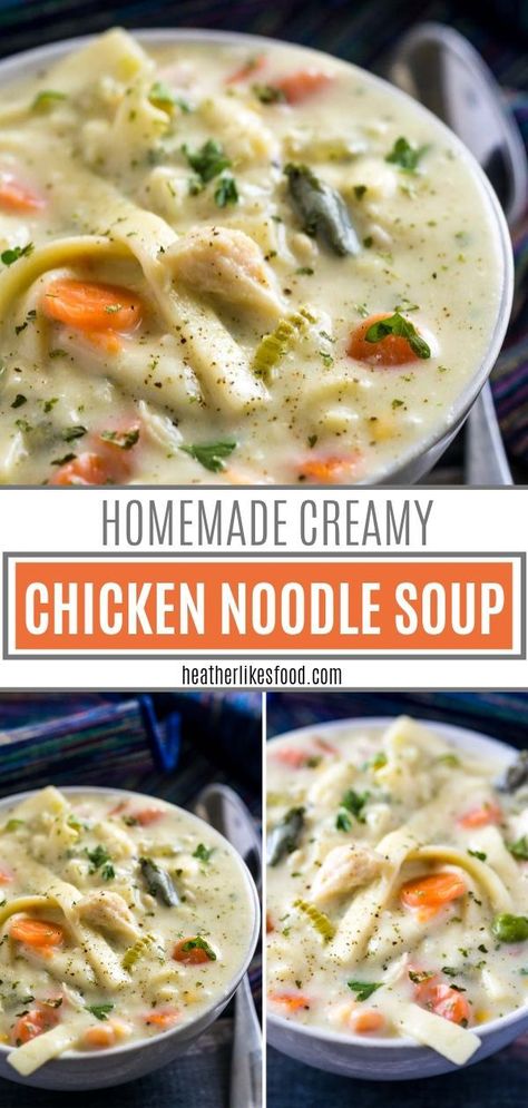 Thick Chicken Noodle Soup, Homemade Creamy Chicken Noodle Soup, Vegan Chicken Noodle Soup, Bisque Soup Recipes, Lobster Bisque Soup, Creamy Chicken Noodle, Chicken Noodle Soup Crock Pot, Slow Cooker Creamy Chicken, Creamy Chicken Noodle Soup