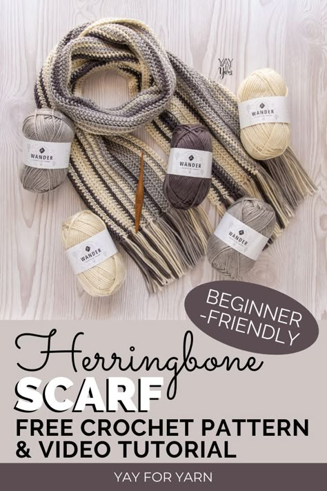 This free striped scarf crochet pattern uses a Herringbone stitch to create a woven look. Crochet your own scarf today with this FREE Crochet Pattern for Beginners + Video Tutorial. The Herringbone Scarf can be the perfect winter accessory for both men and women. #crochetscarf #freecrochetpattern #crochetpatterns #crochetscarfpattern #crochetforbeginners #easycrochetpatterns Crochet Herringbone Scarf, Crochet Scarf Men, Men Scarf Crochet Pattern, Stripe Scarf Pattern, Crochet Stripe Scarf, Crochet Scarf Tutorial, Herringbone Scarf, Crochet Mens Scarf, Crocheted Shawls