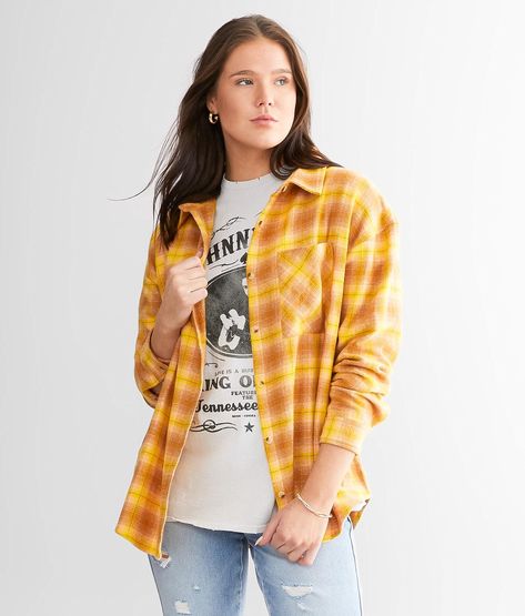 BKE Oversized Boyfriend Flannel Shirt - Women's Shirts/Blouses in Gold Pink | Buckle Yellow Plaid Shirt Outfit, Yellow Plaid Shirt, Plaid Shirt Outfits, Tartan Shirt, Womens Flannel Shirt, Layering Outfits, Steam Iron, Yellow Plaid, Waist Circumference