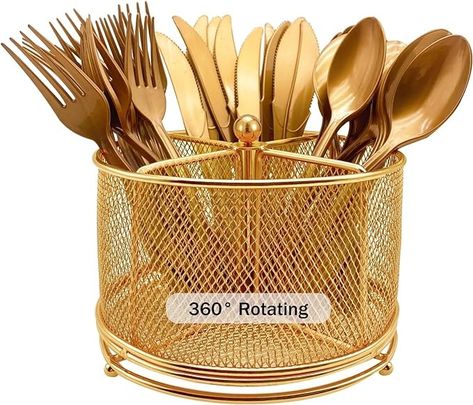 Amazon.com - DysanVica 360° Rotating Metal Utensil Caddy - 4 Compartment Silverware Cutlery Holder Rotation Fork Spoon Napkin Organizer Flatware Storage Basket Party Countertop Buffet Picnic Camping Outdoor Gold Silverware Caddy, Disposable Utensils, Metal Caddy, Flatware Holder, Flatware Caddy, Utensil Caddy, Silverware Holder, Flatware Storage, Kitchen Cutlery