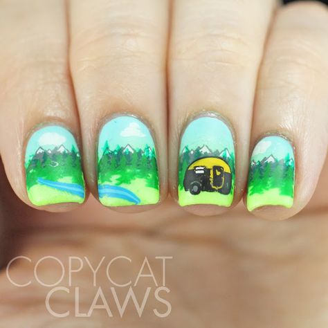 Camping Stamping Nails - Used UberChic Beauty Nail Stamps - Nail Stamp Art - Stamping Art - Nail Art Outdoorsy Nails, Camping Nails, Paw Ideas, Fingernail Art, Modern Nail Art, Nail Stamp, Small Nails, Watermelon Nails, Modern Nails