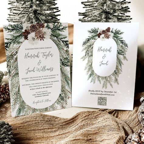 Unveil the magic of a winter wedding with our Elegant Winter Pines and White Floral Wedding Invitation. Adorned with exquisite white watercolor florals and delicate pine cones and boughs, this invite is bound to enchant your guests. Its unique feature - a Wedding Website QR Code RSVP on the back, integrates tradition with modern convenience. Inspire love and warmth this festive season with our aesthetically alluring invite. Wedding Invitations Christmas Theme, Winter Wedding Save The Date, Wedding Invitations Christmas, Winter Pines, Winter Barn Weddings, Hygge Winter, White Floral Wedding, Rsvp Invitation, Christmas Wedding Invitations