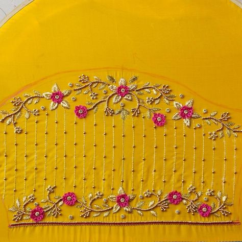 Thread Aari Work Blouse Designs, Ring Knot Aari Work, Zardosi Blouse Designs, Aari Thread Work Blouse Designs, Simple Aari Thread Work Blouse Design, Only Thread Work Blouse Designs, Aari Work Sleeve, Yellow Blouse Designs, Aari Design