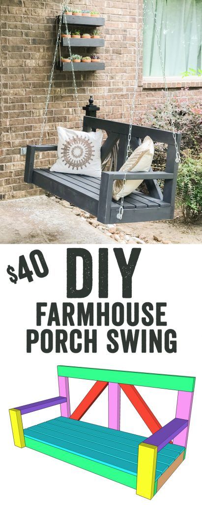 LOVE this DIY Porch Swing! It only uses 8 boards to build... That's under $30 for lumber! Love the farmhouse style of it too! Free plans to build it are at www.shanty-2-chic.com Build Porch, Farmhouse Porch Swings, Diy Porch Swing, Farmhouse Side Table, Diy Porch, Farmhouse Porch, Diy Outdoor Decor, House With Porch, Outdoor Swing