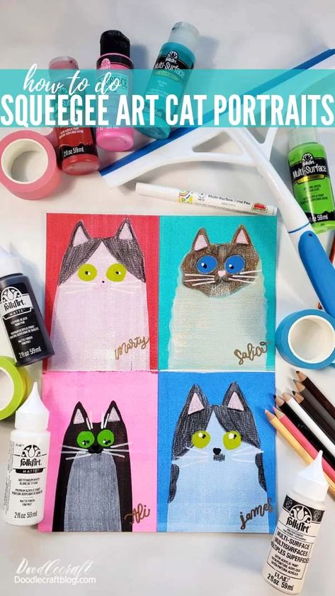 How to do Squeegee Art Cat Portraits! Cat Squeegee Painting, Cat Art Projects, Easy Diy Arts And Crafts, Squeegee Art, Steam Kids, Vibe Art, Scrape Painting, Library Crafts, Toddler Painting