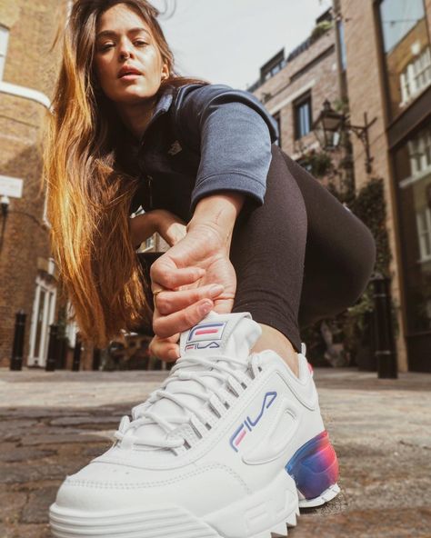 Check our New Fila Spring Drops 💧#filashoes Women's Winter Outfit, Fila Trainers, Fila Sportswear, Fila Ray Tracer, Fila Disruptor, Fila Disruptors, Sportswear Fashion, Sportswear Brand, Winter Outfits Women