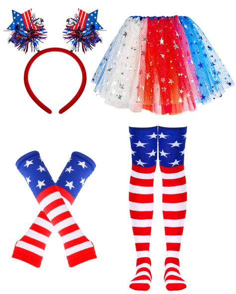 PRICES MAY VARY. 💗[Independence Day Red, Blue and White Suit]:Includes a star sequin headband, a red, blue and white Tutu, striped cuffs and striped knee-high socks. Playful and lovely, various accessories! Ideal for people who like cosplay. 💙[Quality Material]:Independence Day patriotic headband using high quality fabric, stars sequin cute playful, humorous fun; The hemline is made of tulle and fabric. The kit is reliable and safe, won't scratch or irritate the skin, won't fade and damage eas Themed Multicolor Costume Accessories For Party, Multicolor Carnival Cosplay Costumes, Fitted Costume Accessories For Christmas Costume Party, Multicolor Rave Costume Accessories For Costume Party, Multicolor Rave Costume Accessories, Multicolor Novelty Party Supplies, Novelty Multicolor Party Supplies, Playful Summer Party Supplies, Themed Blue Costume Accessories For Party