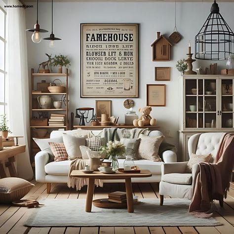 Discover the charm of farmhouse interior design! 🌾🏡 Swipe to see elements of a perfect farmhouse style! 1. A farmhouse-style kitchen 🍽️ 2. A farmhouse-style living room 🛋️ 3. Another farmhouse-style kitchen 🍴 4. Rustic wood furniture adds warmth and character. 🪑 5. White shiplap walls create a bright, airy feel. 🏠 6. Vintage accessories bring a touch of nostalgia. 🕰️ 7. Cosy textiles in neutral colours make it feel lik#designgoals Would you use this style in your home? 😍 #FarmhouseStyle ... Vintage Cottage Living Room, Dreamy Farmhouse, White Shiplap Walls, Modern Country Living Room, Rustic Cottagecore, Future Farmhouse, Interior Farmhouse, Living Room Refresh, Lighting Farmhouse