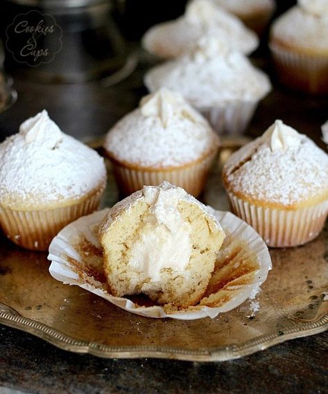 These Vanilla Cream Filled Muffins are such a fun and cute recipe! They make a great dessert, but you can also enjoy them for breakfast if you like waking up to something sweet! #vanilla #cream #muffins #creamfilled #dessert #breakfast #breakfastmuffins #muffinsrecipe #homemademuffins Homemade Muffins Recipe, Cream Filled Cupcakes, Vanilla Cream Filling, Vanilla Muffins, Vanilla Filling, Filled Muffins, Homemade Muffins, Eat Dessert First, Baking Tins