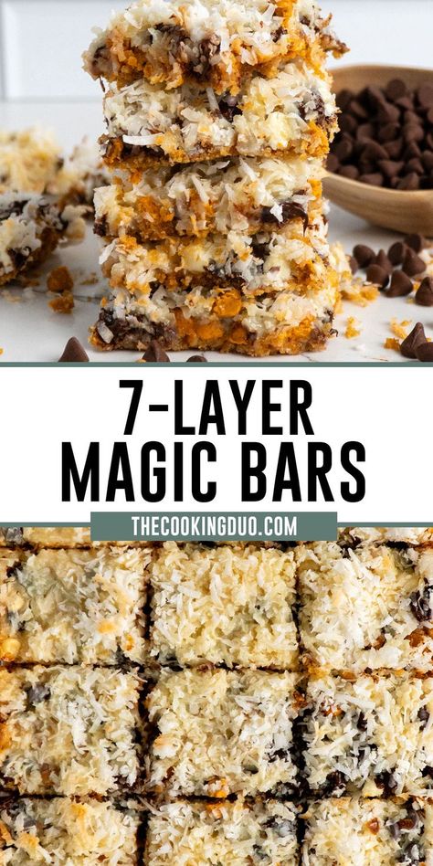 Close-up of 7-layer magic bars stacked on top of each other. 7 Layer Cookies Bars, 7 Layers Bars, 7 Layer Magic Cookie Bars, 7 Layer Cookie Bars, 7 Layer Magic Bars, Layered Cookies, 7 Layer Cookies, Magic Bars Recipe, Amazing Cookie Recipes