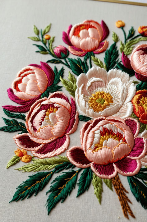 Peonies Peony Flower Embroidery, Embroidery To Sell, Peonies Embroidery, Embroidery Realistic, Embroidered Peonies, Embroidered Peony, Peony Embroidery, Floral Embroidery Designs, Hand Embroidery Flower Designs