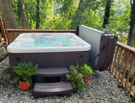 Decorate Around Hot Tub, Hot Tub Gravel Base Ideas, Hot Tub Landscape, Hot Tub Gravel Pad, Hot Tub On Gravel Pad, Hot Tub On Cement Pad, Simple Deck With Hot Tub, Backyard Jacuzzi, Hot Tub Sunk In Deck