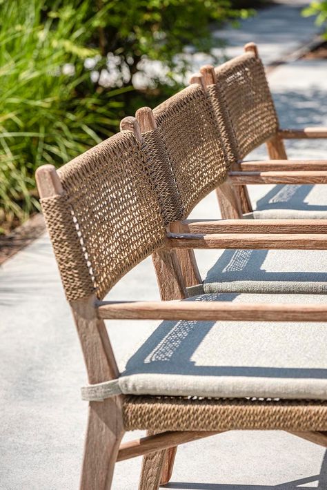 GOMMAIRE Outdoor Collection. Armchair Fiona in reclaimed teak natural grey & PE Wicker Antique Weed with or without cushions - G510A-PE-AW. Available in stores now. Outdoor Furniture Without Cushions, Teak Outdoor Table, Woven Outdoor Dining Chair, Outdoor Rattan Furniture, Outdoor Wicker Chairs, Rattan Outdoor Furniture, Outdoor Patio Table, Woven Chair, Outdoor Living Rooms