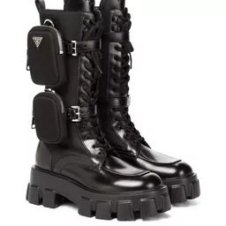 Monolith leather knee-high boots | Mytheresa (UK) Prada Boots With Pouch, Prada Monolith Boots, Prada Monolith, Prada Boots, Menswear Runway, Black Platform Boots, Knee High Leather Boots, Boots Knee, Prada Shoes