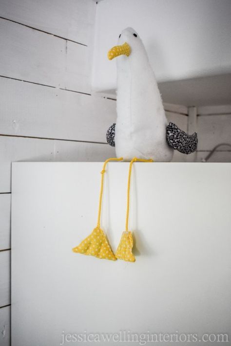 This hand made stuffed seagull toy is the perfect addition to a beach house bunk room for the kids! Beach House Bunk Room, Ikea Mydal, Florida Beach House Decor, Beach House Decor Coastal Style, Modern Beach House Decor, Boho Beach House, The World Of Interiors, Bunk Room, Rooms Reveal