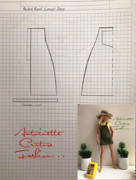 Fashion Dolls Couture - Unlimited: Sunshine 4 -Pocket Front Overall Dress - Barbie ma... Barbie Overalls Pattern, Barbie Dress Pattern, Barbie Sewing, Barbie Basics, Sewing Barbie Clothes, Barbie Sewing Patterns, Barbie Doll Clothing Patterns, Diy Barbie Clothes, Crochet Doll Dress