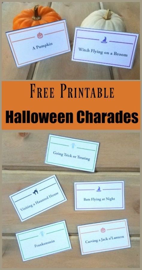 Easy Halloween Games for Kids: FREE printable Charades Cards & Word List - great party game activity for kids, tweens, teens, adults school parties, family get-togethers or just weekend fun! Game Activity For Kids, Halloween Charades, Easy Halloween Games, Teen Halloween Party, Charades For Kids, Charades Cards, Fun Halloween Party Games, Halloween Party Activities, Charades Game