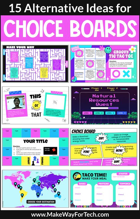 History Choice Boards, Choice Boards High School, Stem Engineering Activities, Google Slides Templates For Teachers, Middle School Technology, Parent Teacher Conference Forms, Biology Experiments, Smart Board Activities, Activities For High School