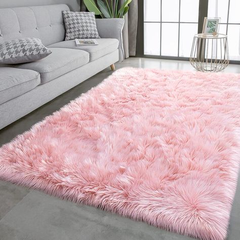 Everly Quinn Ranyah Performance Pink Rug & Reviews | Wayfair Rug For Dorm, Fuzzy Rug, Pink Dorm, Girly Apartment Decor, Pink Room Decor, Shag Carpet, Faux Fur Rug, Fur Rug, Pink Carpet