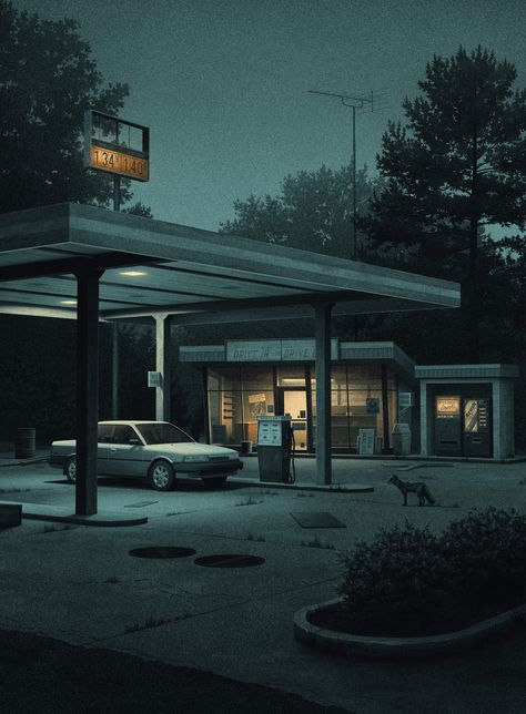 Old Gas Stations, Beautiful Dark Art, Dark Photography, Environment Concept Art, Night City, Artistic Photography, Gas Station, Urban Landscape, Fantasy Landscape