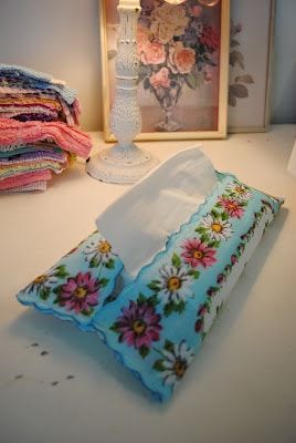 Syprosjekter For Nybegynnere, Vintage Handkerchiefs Crafts, Handkerchief Crafts, Embroidery Transfers, Vintage Handkerchiefs, Linens And Lace, Tissue Holder, Vintage Sheets, Sewing Projects For Beginners