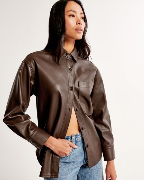 Women's Oversized Vegan Leather Shirt | Women's Tops | Abercrombie.com Leather Top Outfit, Button Up Shirt Womens, Comfy Shirts, American Clothing, Leather Shirt, Inspiration Style, Women's Tops, Leather Top, American Apparel